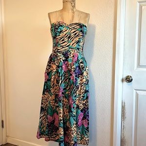 Vintage 1980s 1990s Cat Print Floral Strapless Bustier Smocked Midi Party Dress